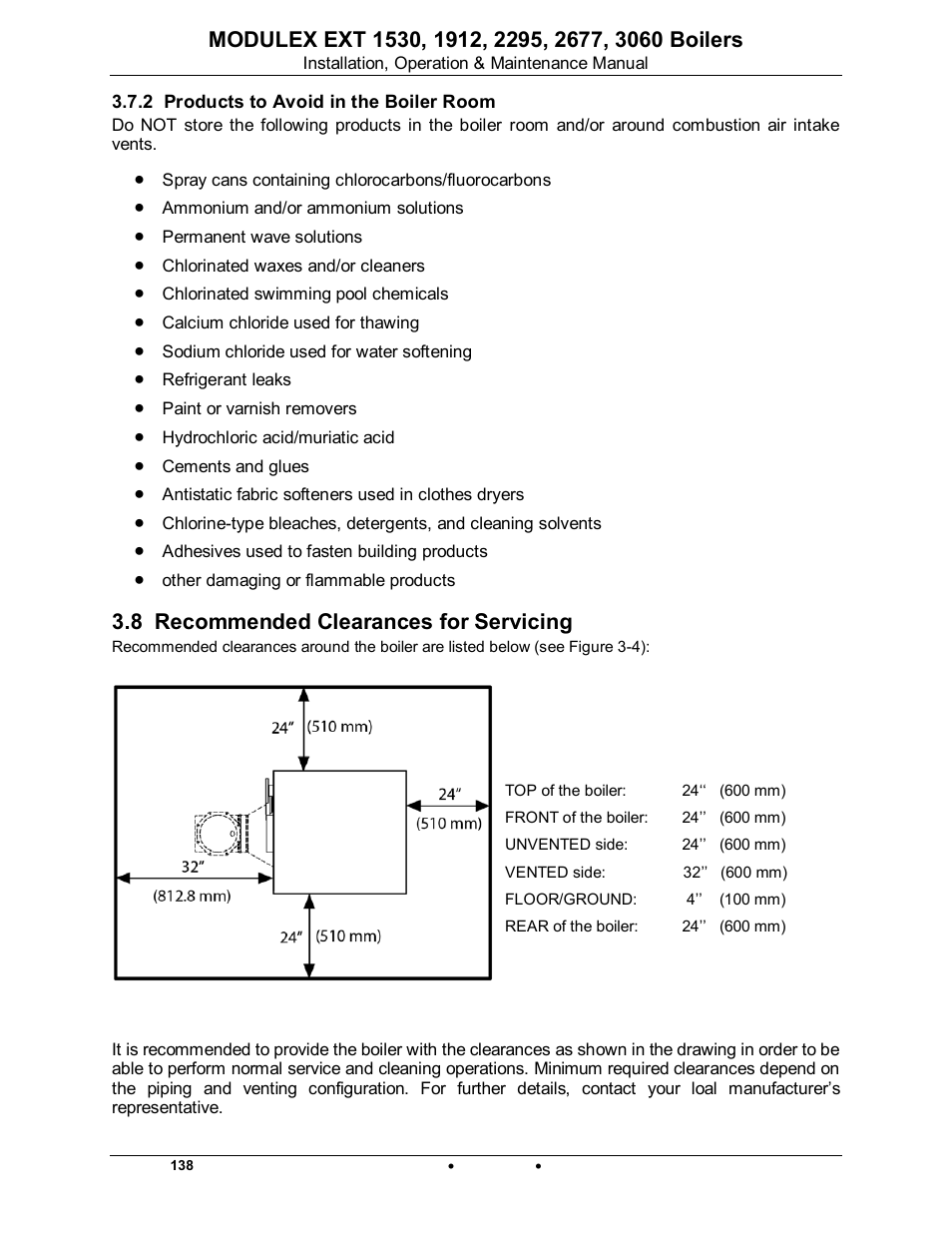 2 products to avoid in the boiler room, 8 recommended clearances for servicing | AERCO Modulex EXT 1530 - 3060 User Manual | Page 26 / 138