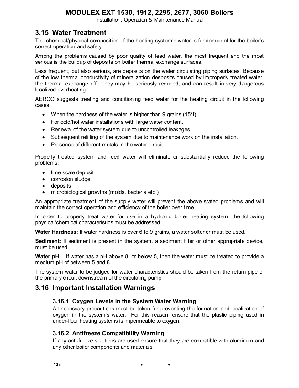 15 water treatment, 16 important installation warnings, 1 oxygen levels in the system water warning | 2 antifreeze compatibility warning, Modulex ext | AERCO Modulex EXT 1530 - 3060 User Manual | Page 34 / 138