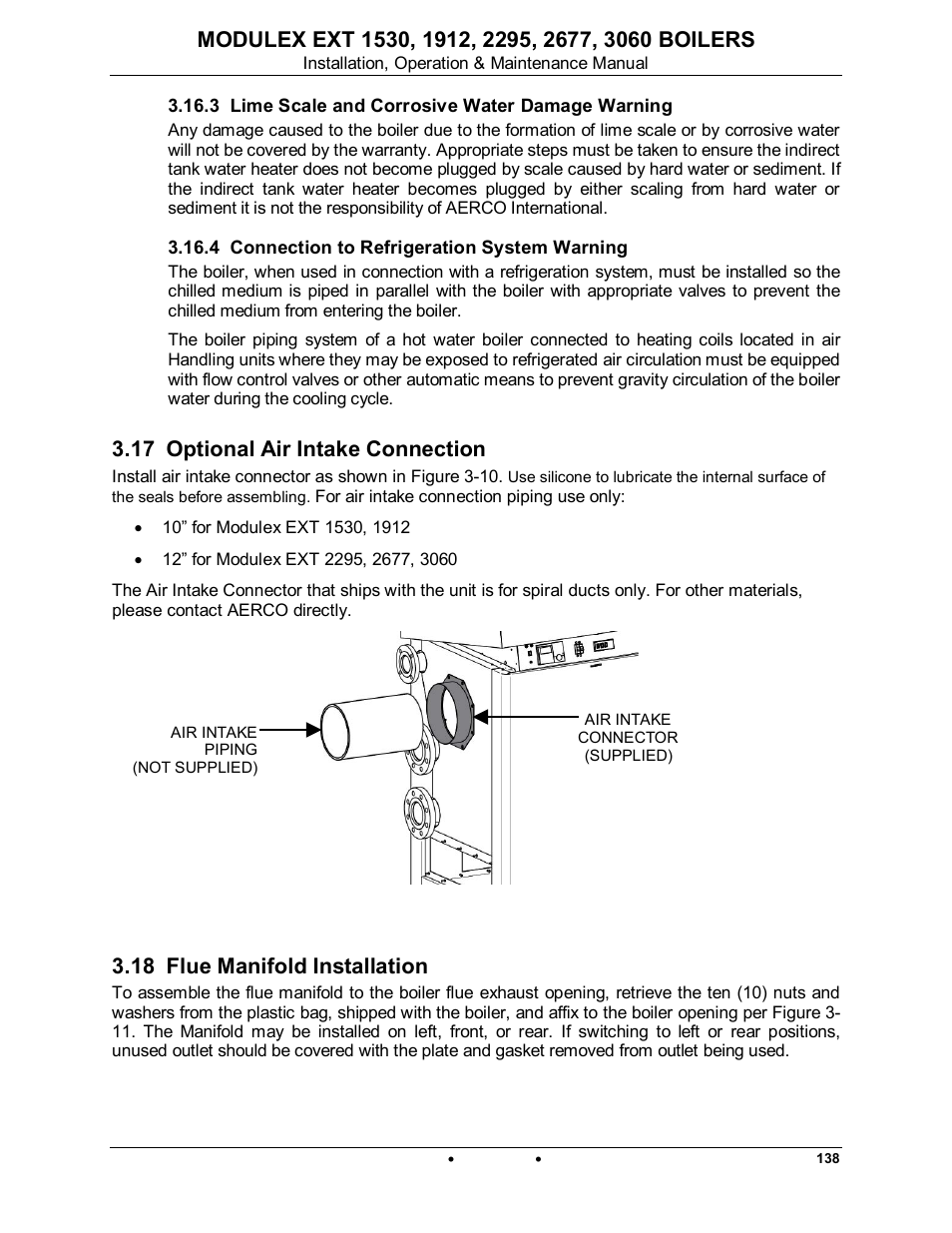 3 lime scale and corrosive water damage warning, 4 connection to refrigeration system warning, 17 optional air intake connection | 18 flue manifold installation, Modulex ext | AERCO Modulex EXT 1530 - 3060 User Manual | Page 35 / 138