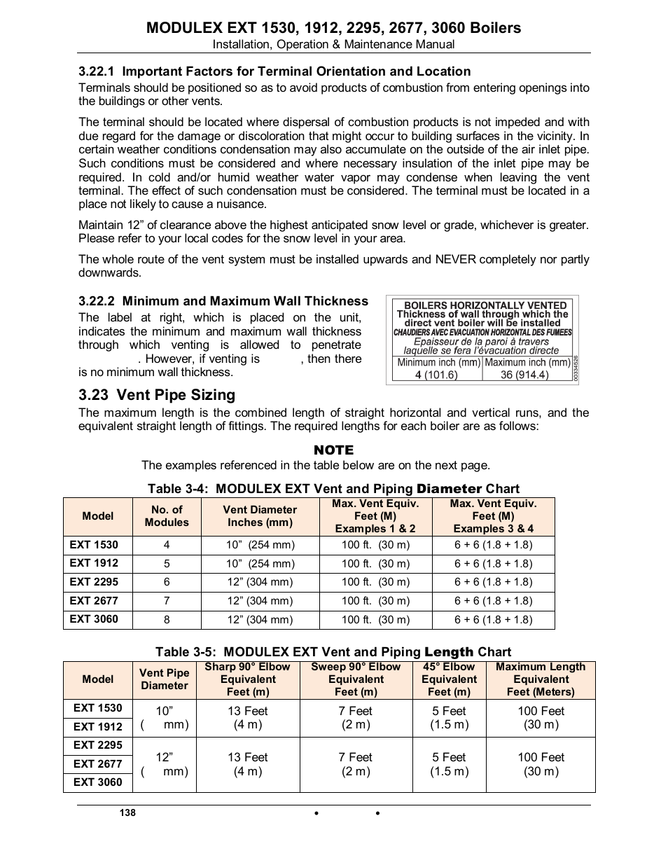 2 minimum and maximum wall thickness, 23 vent pipe sizing, Modulex ext | AERCO Modulex EXT 1530 - 3060 User Manual | Page 42 / 138