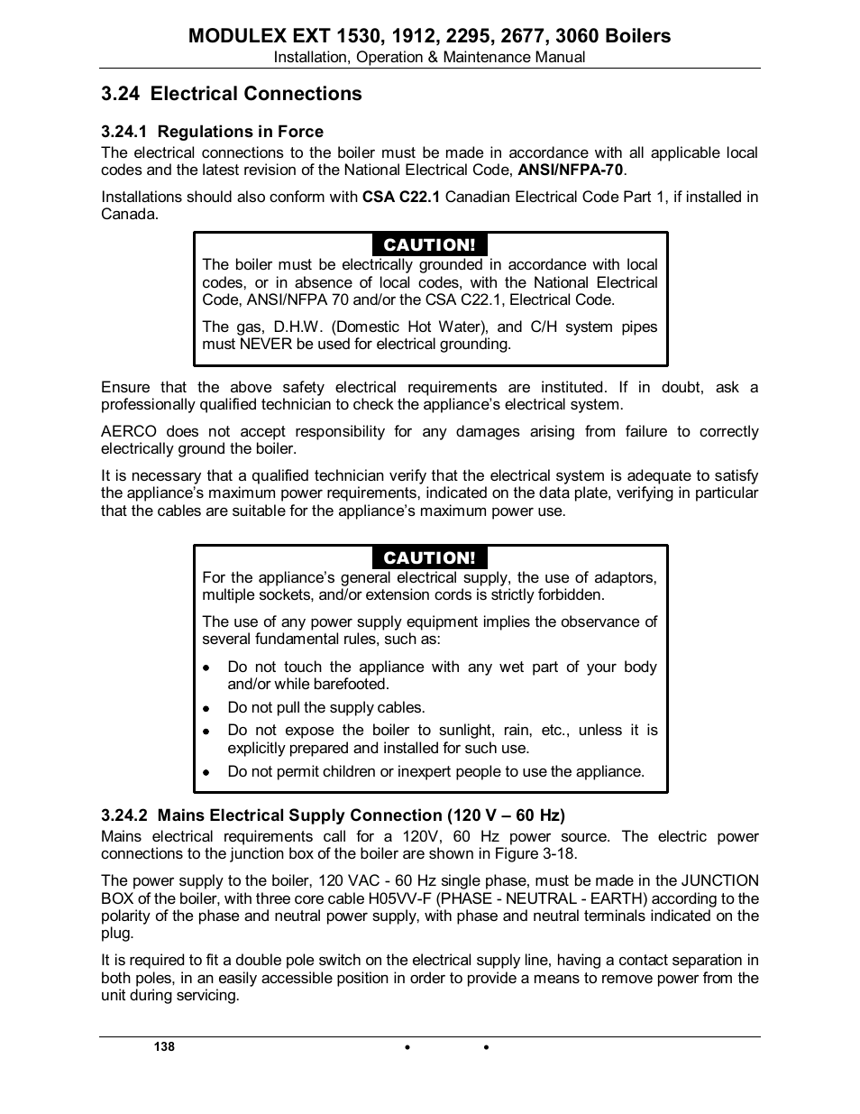 24 electrical connections, 1 regulations in force, Modulex ext | AERCO Modulex EXT 1530 - 3060 User Manual | Page 44 / 138