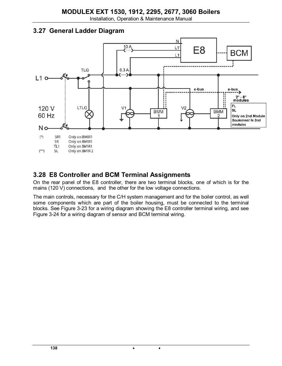 27 general ladder diagram, 28 e8 controller and bcm terminal assignments, Modulex ext | AERCO Modulex EXT 1530 - 3060 User Manual | Page 52 / 138