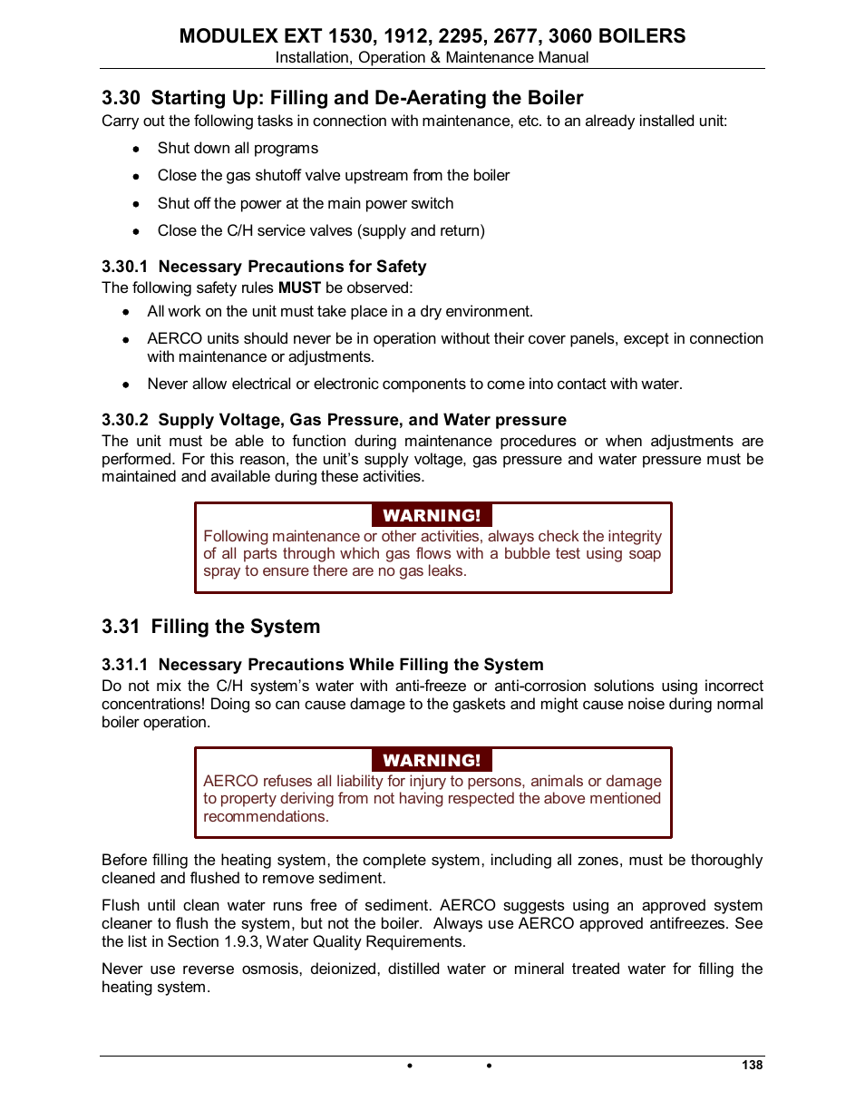 30 starting up: filling and de-aerating the boiler, 1 necessary precautions for safety, 2 supply voltage, gas pressure, and water pressure | 31 filling the system, 1 necessary precautions while filling the system, Modulex ext | AERCO Modulex EXT 1530 - 3060 User Manual | Page 57 / 138