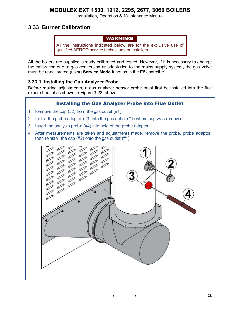 33 burner calibration, 1 installing the gas analyzer probe, Modulex ext | AERCO Modulex EXT 1530 - 3060 User Manual | Page 61 / 138