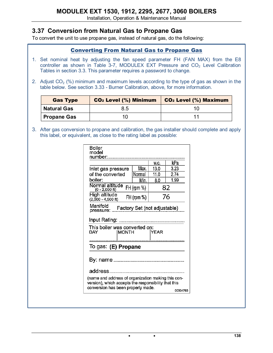 37 conversion from natural gas to propane gas, Modulex ext | AERCO Modulex EXT 1530 - 3060 User Manual | Page 69 / 138