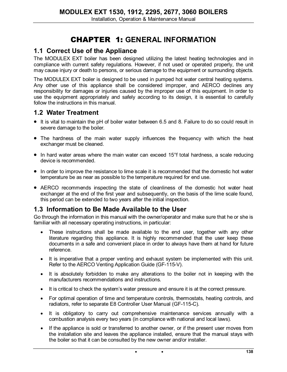 Chapter 1: general information, 1 correct use of the appliance, 2 water treatment | 3 information to be made available to the user | AERCO Modulex EXT 1530 - 3060 User Manual | Page 7 / 138
