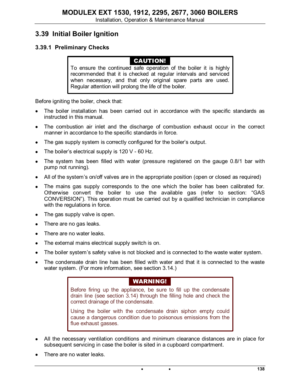 39 initial boiler ignition, 1 preliminary checks, Modulex ext | AERCO Modulex EXT 1530 - 3060 User Manual | Page 71 / 138