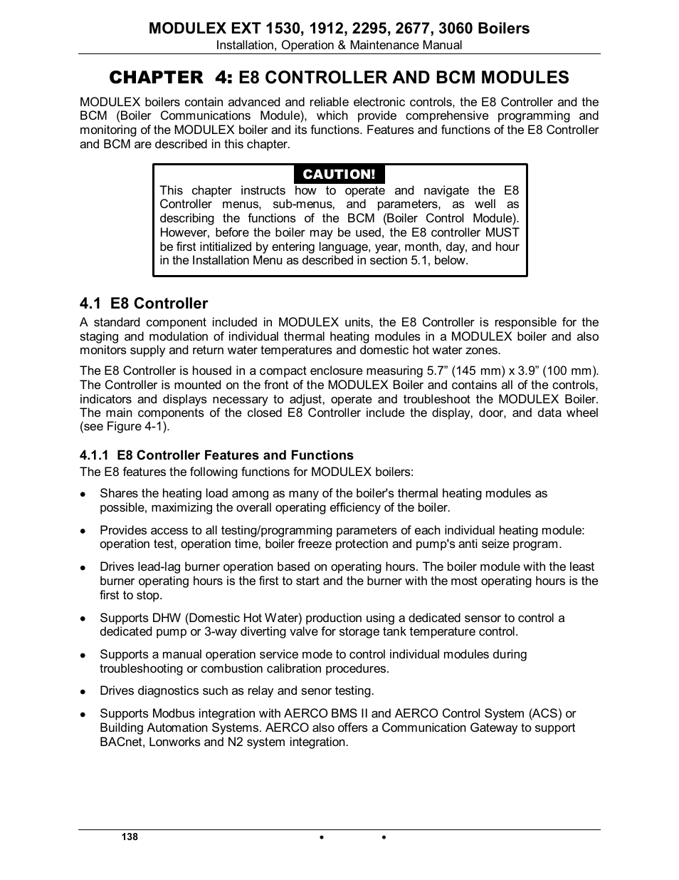 Chapter 4: e8 controller and bcm modules, 1 e8 controller, 1 e8 controller features and functions | Modulex ext | AERCO Modulex EXT 1530 - 3060 User Manual | Page 72 / 138