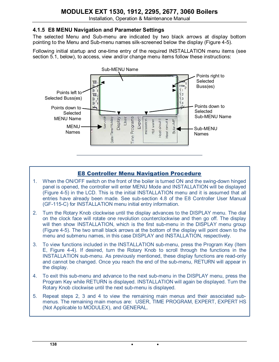 5 e8 menu navigation and parameter settings, Modulex ext | AERCO Modulex EXT 1530 - 3060 User Manual | Page 76 / 138