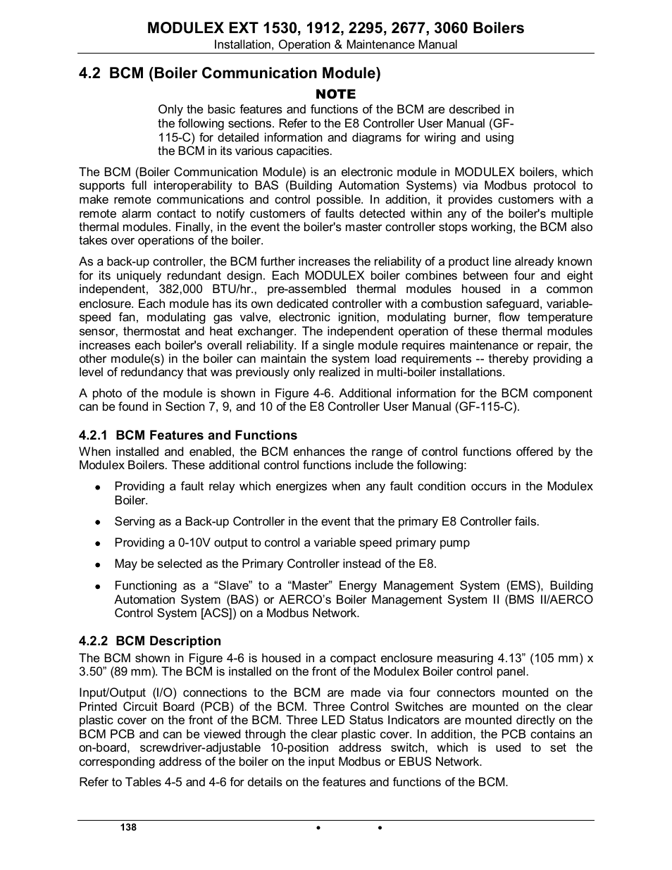 2 bcm (boiler communication module), 1 bcm features and functions, 2 bcm description | Modulex ext | AERCO Modulex EXT 1530 - 3060 User Manual | Page 78 / 138