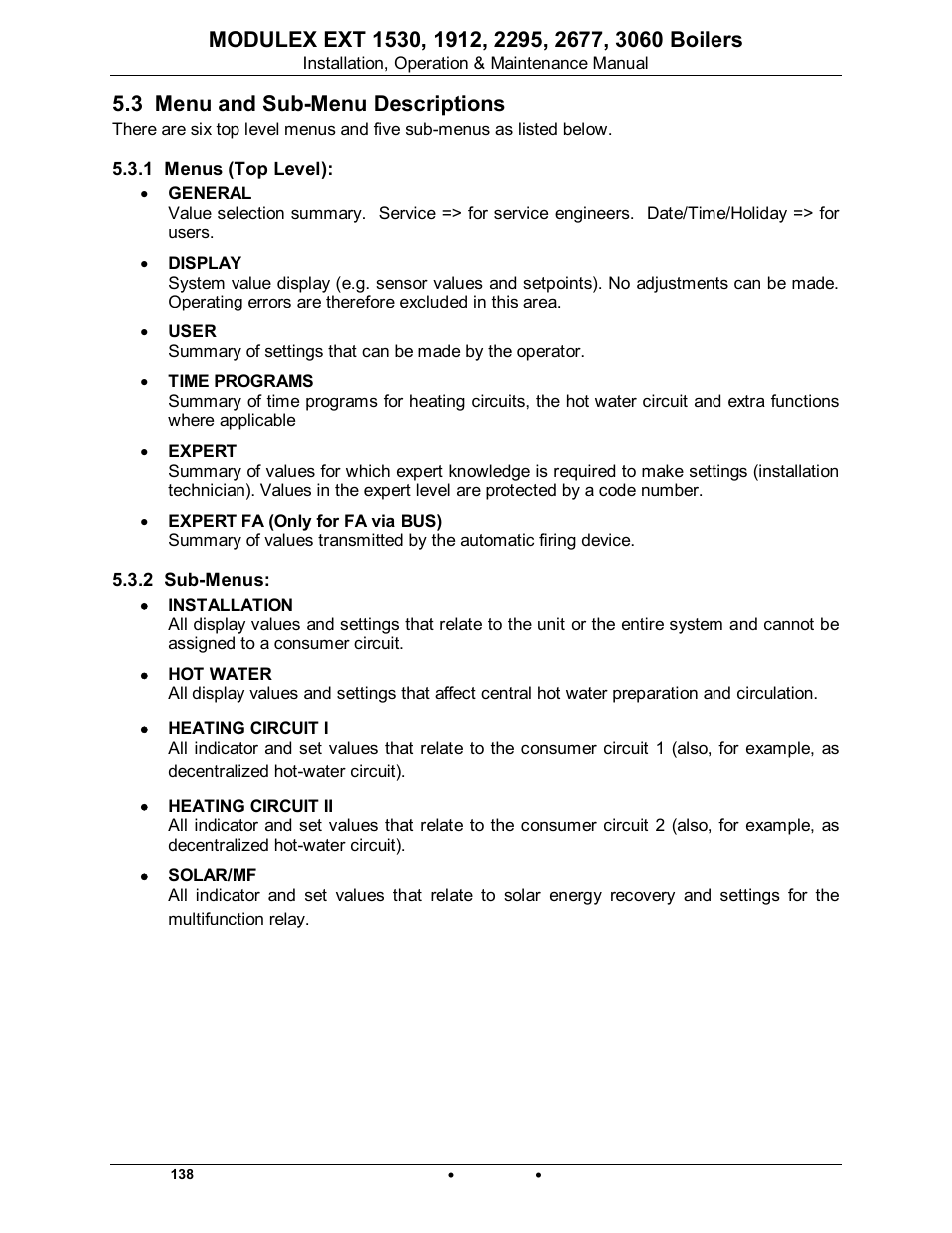 3 menu and sub-menu descriptions, 1 menus (top level), 2 sub-menus | Modulex ext | AERCO Modulex EXT 1530 - 3060 User Manual | Page 86 / 138