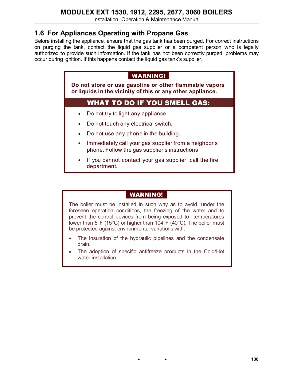 6 for appliances operating with propane gas, Modulex ext, What to do if you smell gas | AERCO Modulex EXT 1530 - 3060 User Manual | Page 9 / 138