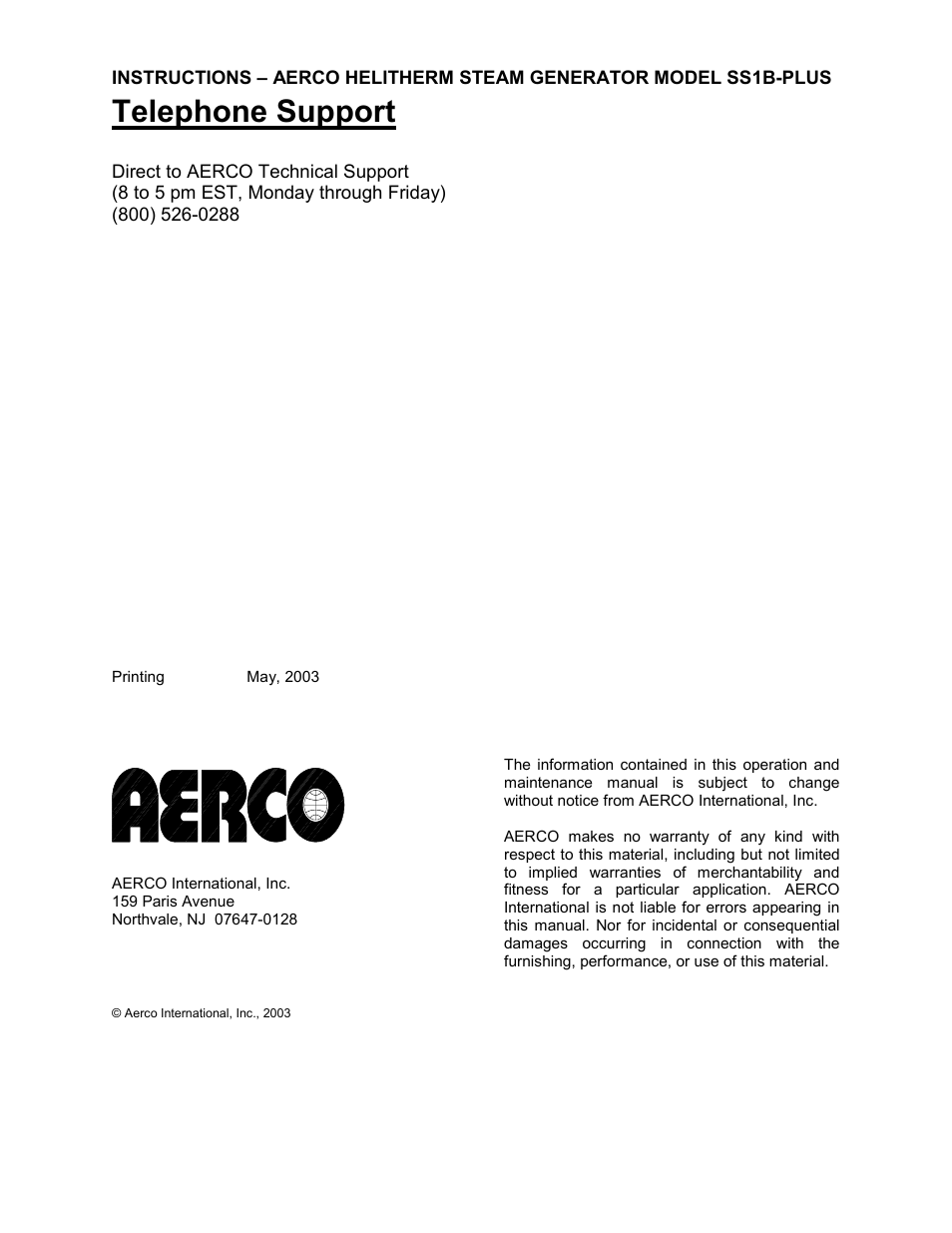 Direct to aerco technical support, Telephone support | AERCO Steam Generator User Manual | Page 2 / 25