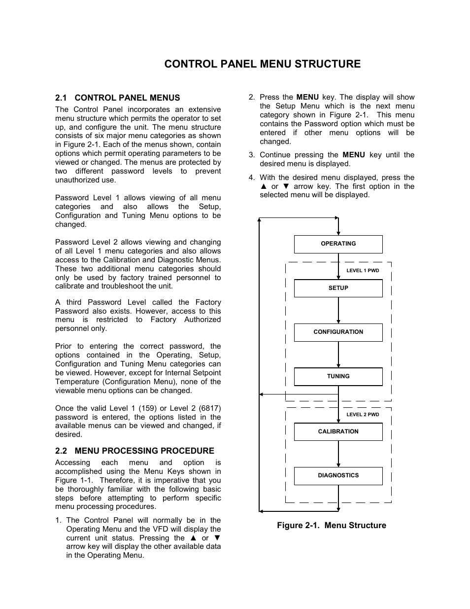 Section 2 - control panel menu structure, 1 control panel menus, 2 menu processing procedure | C-more control panel operation | AERCO C-More Controls User Manual | Page 10 / 98