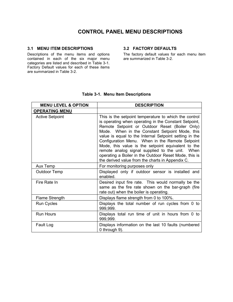 Section 3 - control panel menu descriptions, 1 menu item descriptions, 2 factory defaults | C-more control panel operation | AERCO C-More Controls User Manual | Page 17 / 98