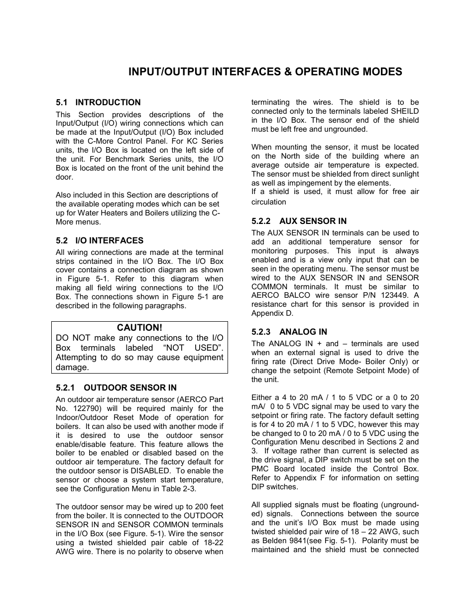 1 introduction, 2 i/o interfaces, 1 outdoor sensor in | 2 aux sensor in, 3 analog in, C-more control panel operation | AERCO C-More Controls User Manual | Page 28 / 98