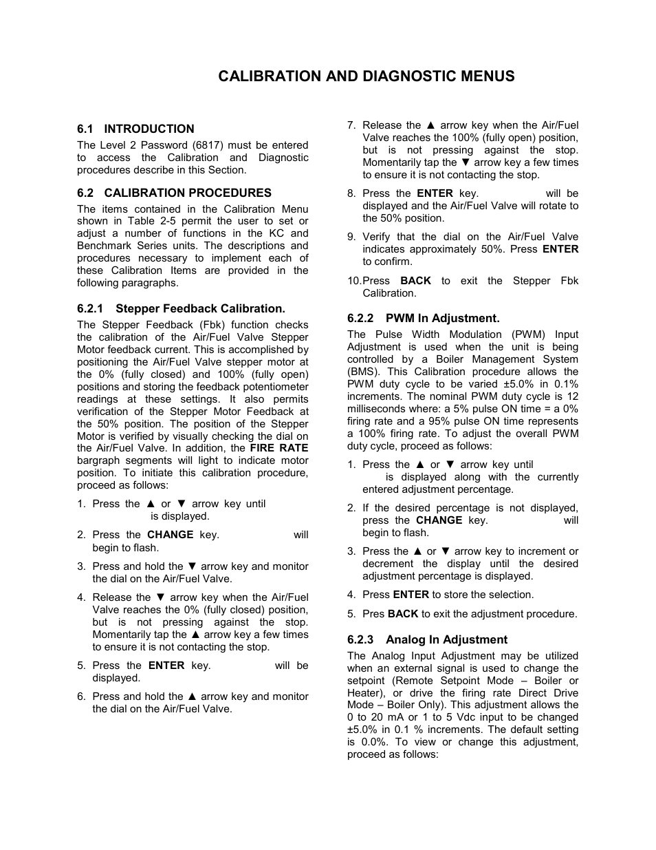 Section 6 - calibration and diagnostic menus, 2 calibration procedures, 1 stepper feedback calibration | 2 pwm in adjustment, 3 analog in adjustment, C-more control panel operation | AERCO C-More Controls User Manual | Page 37 / 98