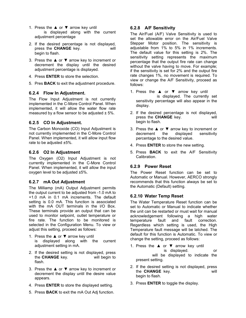 4 flow in adjustment, 5 co in adjustment, 6 o2 in adjustment | 7 ma out adjustment, 8 a/f sensitivity, 9 power reset, 10 water temp reset, C-more control panel operation | AERCO C-More Controls User Manual | Page 38 / 98