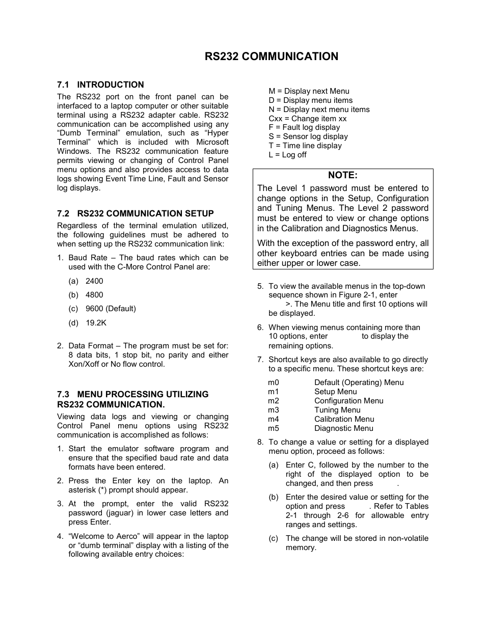 Section 7 - rs232 communication, 1 introduction, 2 rs232 communication setup | 3 menu processing utilizing rs232 communication, C-more control panel operation | AERCO C-More Controls User Manual | Page 42 / 98