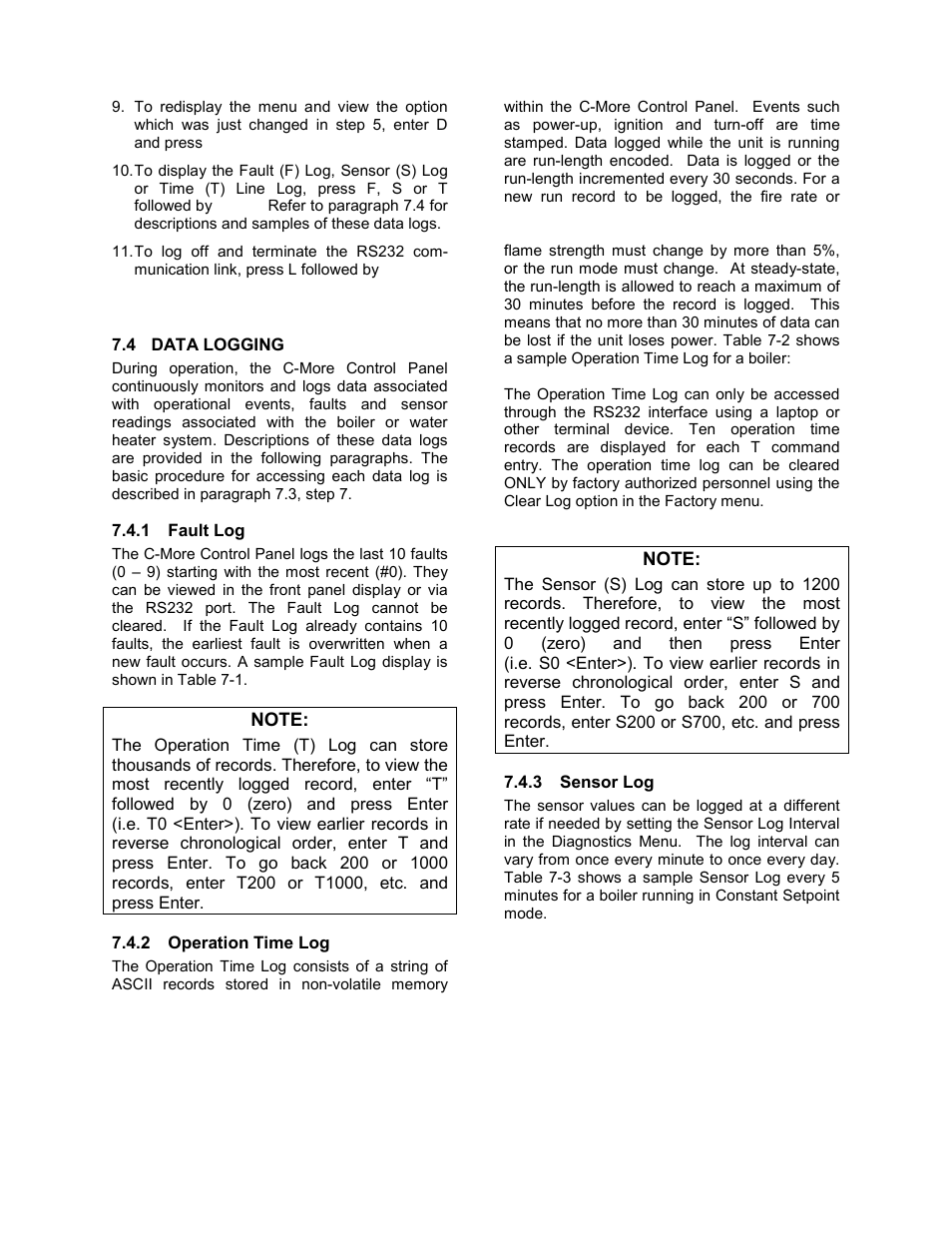 4 data logging, 1 fault log, 2 operation time log | 3 sensor log, C-more control panel operation | AERCO C-More Controls User Manual | Page 43 / 98