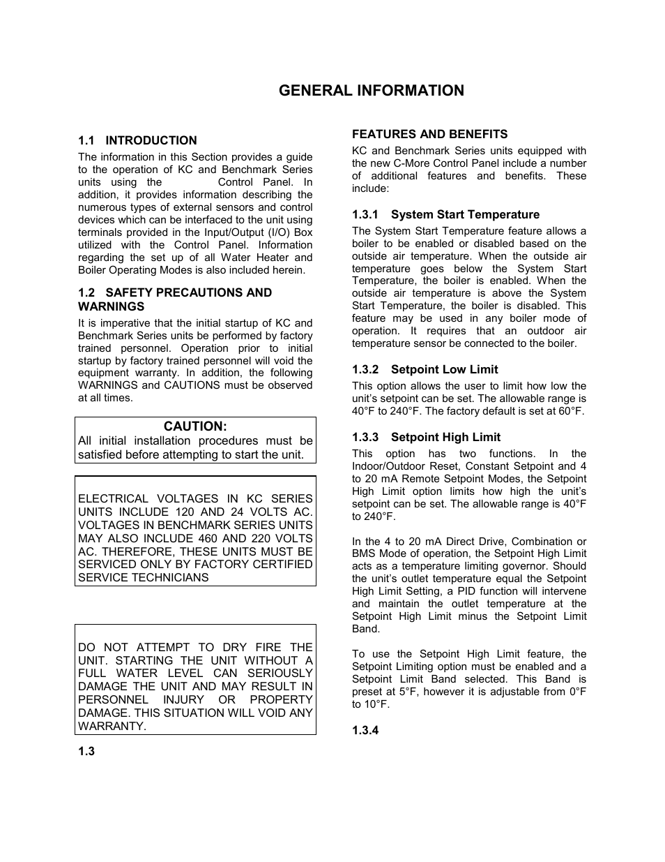 Section 1 - general information, 1 introduction, 2 safety precautions and warnings | 3 features and benefits, 1 system start temperature, 2 setpoint low limit, 3 setpoint high limit, C-more control panel operation | AERCO C-More Controls User Manual | Page 5 / 98