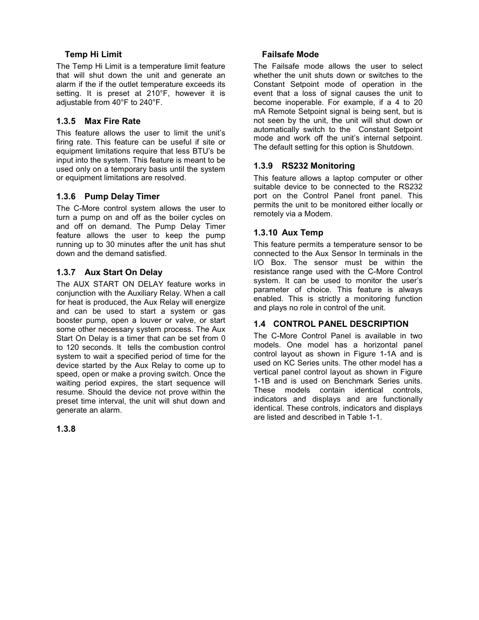4 temp hi limit, 5 max fire rate, 6 pump delay timer | 7 aux start on delay, 8 failsafe mode, 9 rs232 monitoring, 10 aux temp, 4 control panel description, C-more control panel operation | AERCO C-More Controls User Manual | Page 6 / 98
