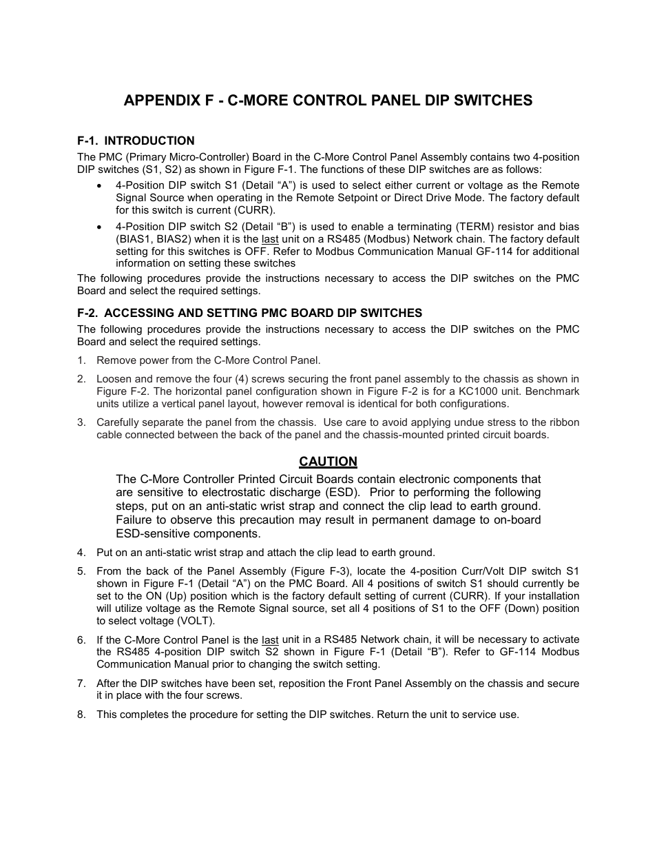 F-1. introduction, F-2. accessing and setting pmc board dip switches, Appendix f | Appendix f - c-more control panel dip switches | AERCO C-More Controls User Manual | Page 94 / 98