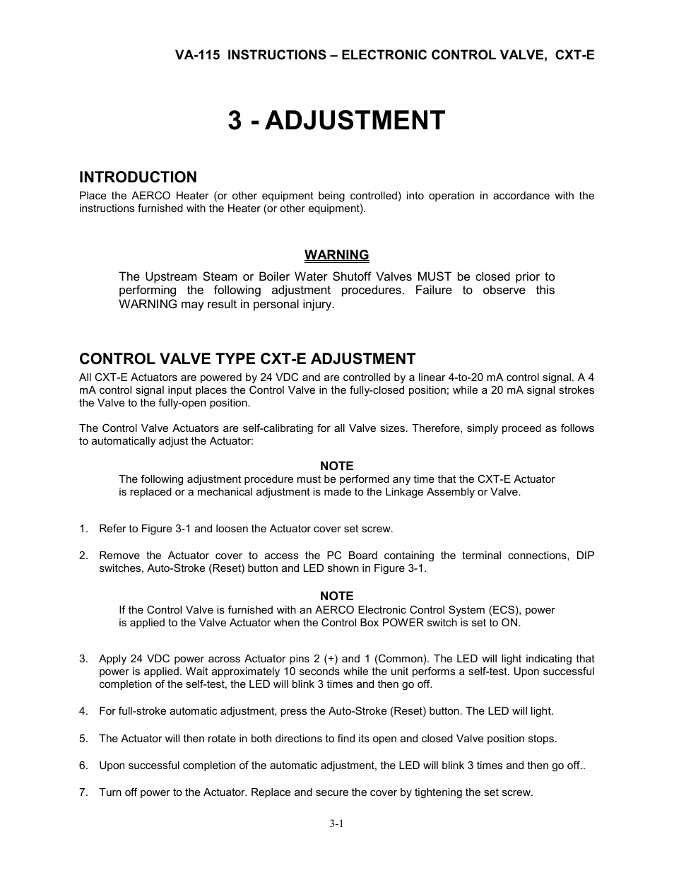 3 - adjustment, Introduction, Control valve type cxt-e adjustment | AERCO Electronic Control Valve User Manual | Page 13 / 42