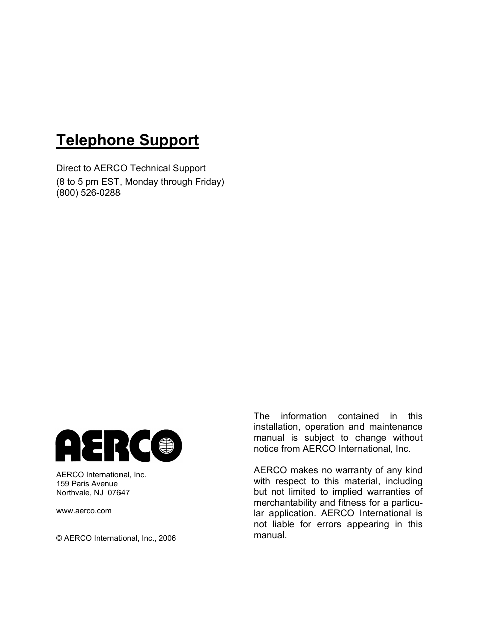 Telephone support | AERCO Electronic Control Valve User Manual | Page 2 / 42