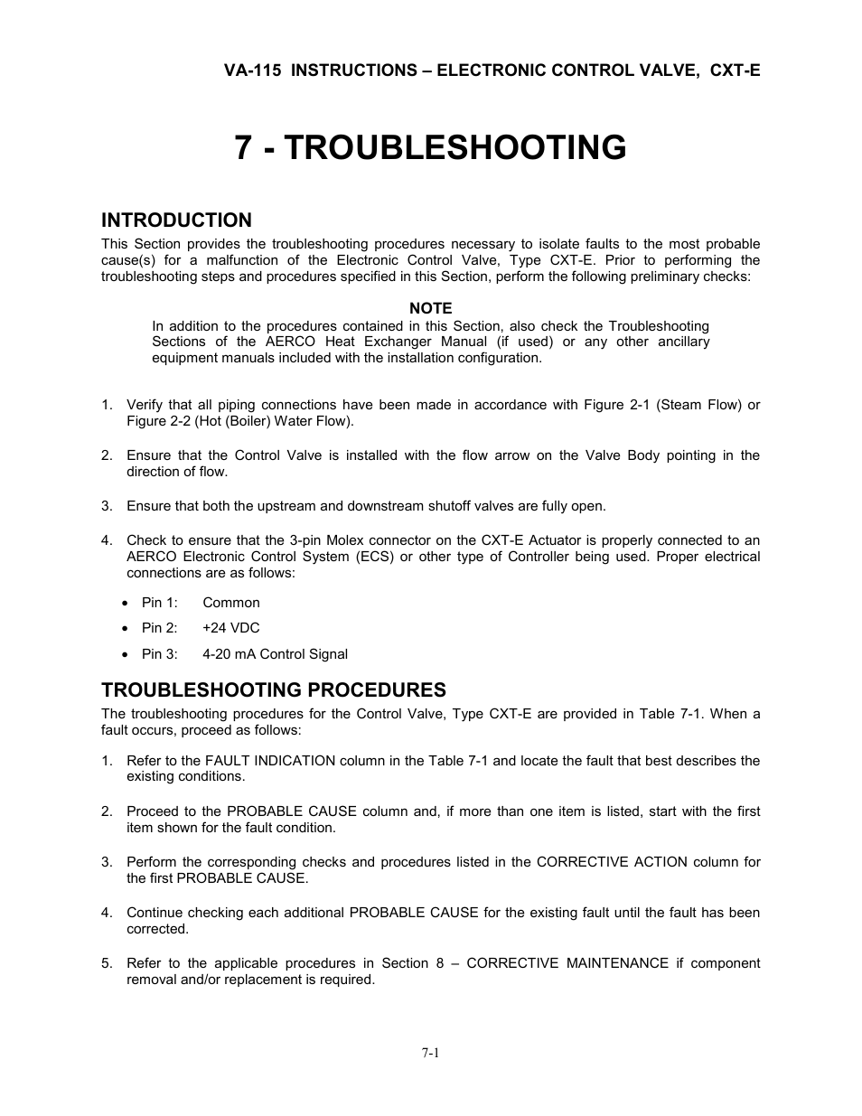 7 - troubleshooting, Introduction, Troubleshooting procedures | AERCO Electronic Control Valve User Manual | Page 21 / 42