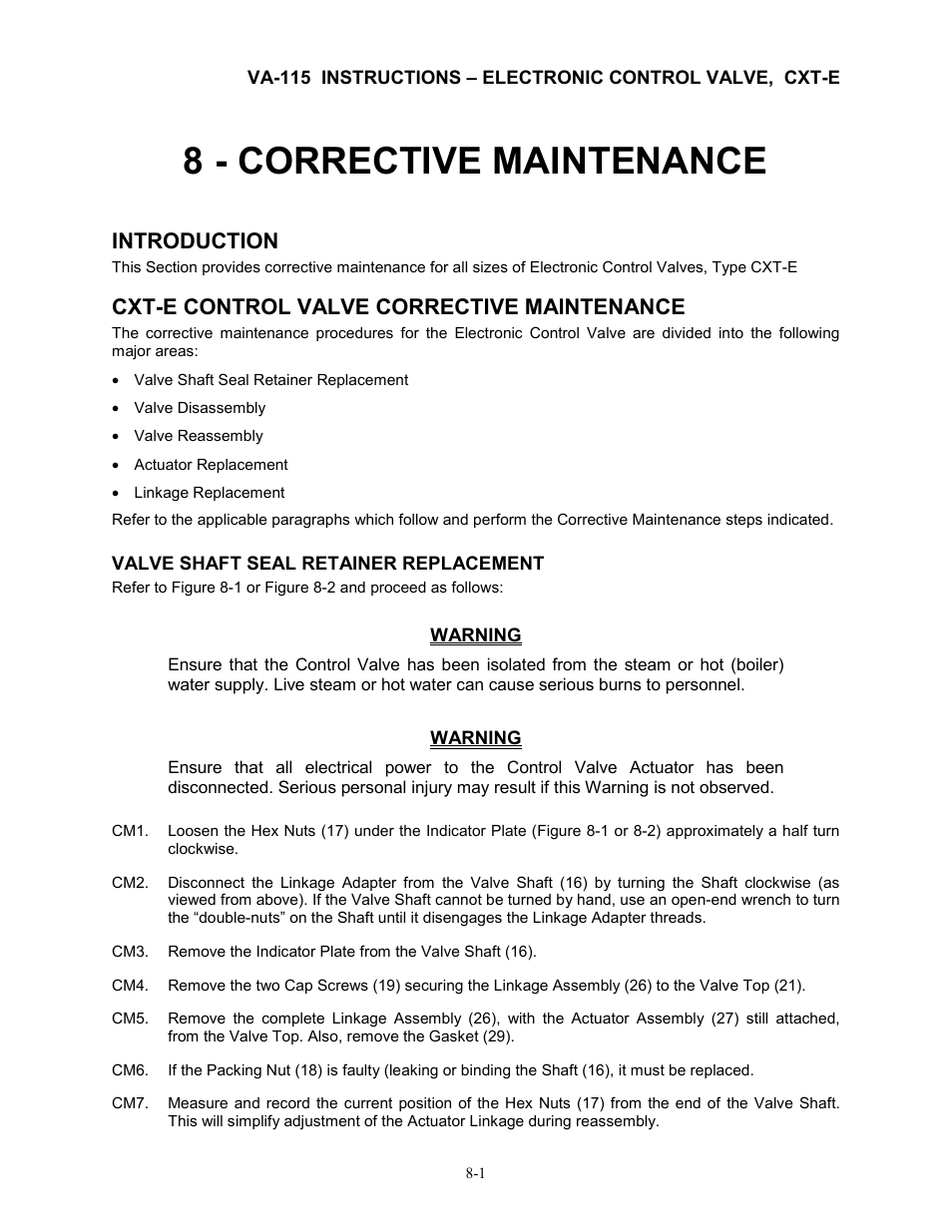 8 - corrective maintenance, Introduction, Cxt-e control valve corrective maintenance | AERCO Electronic Control Valve User Manual | Page 25 / 42