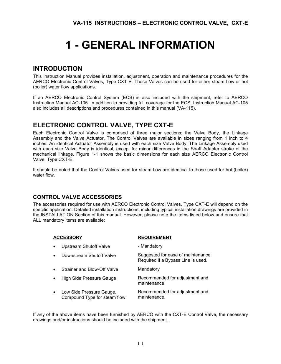 1 - general information, Introduction, Electronic control valve, type cxt-e | AERCO Electronic Control Valve User Manual | Page 7 / 42