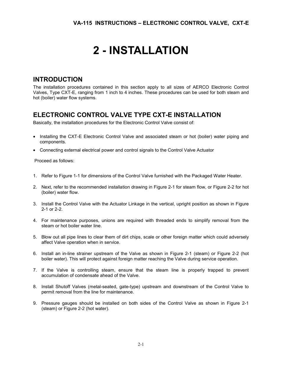 2 - installation, Introduction, Electronic control valve type cxt-e installation | AERCO Electronic Control Valve User Manual | Page 9 / 42