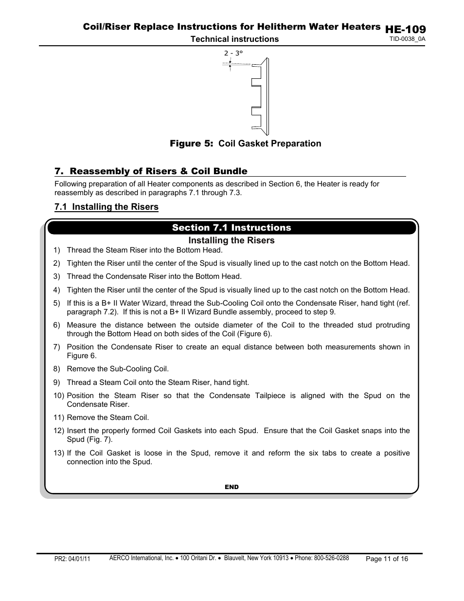 Reassembly of risers & coil bundle, 1 installing the risers, He-109 | AERCO Coil & Riser Replacement User Manual | Page 11 / 16