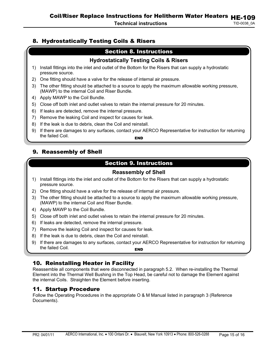 Hydrostatically testing coils & risers, Reassembly of shell, Reinstalling heater in facility | Startup procedure, He-109 | AERCO Coil & Riser Replacement User Manual | Page 15 / 16
