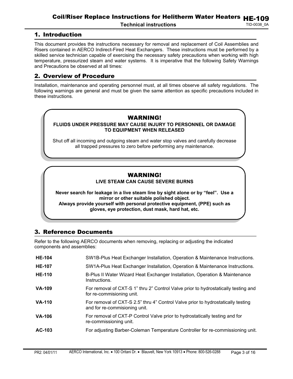 Introduction, Overview of procedure, Reference documents | He-109 | AERCO Coil & Riser Replacement User Manual | Page 3 / 16