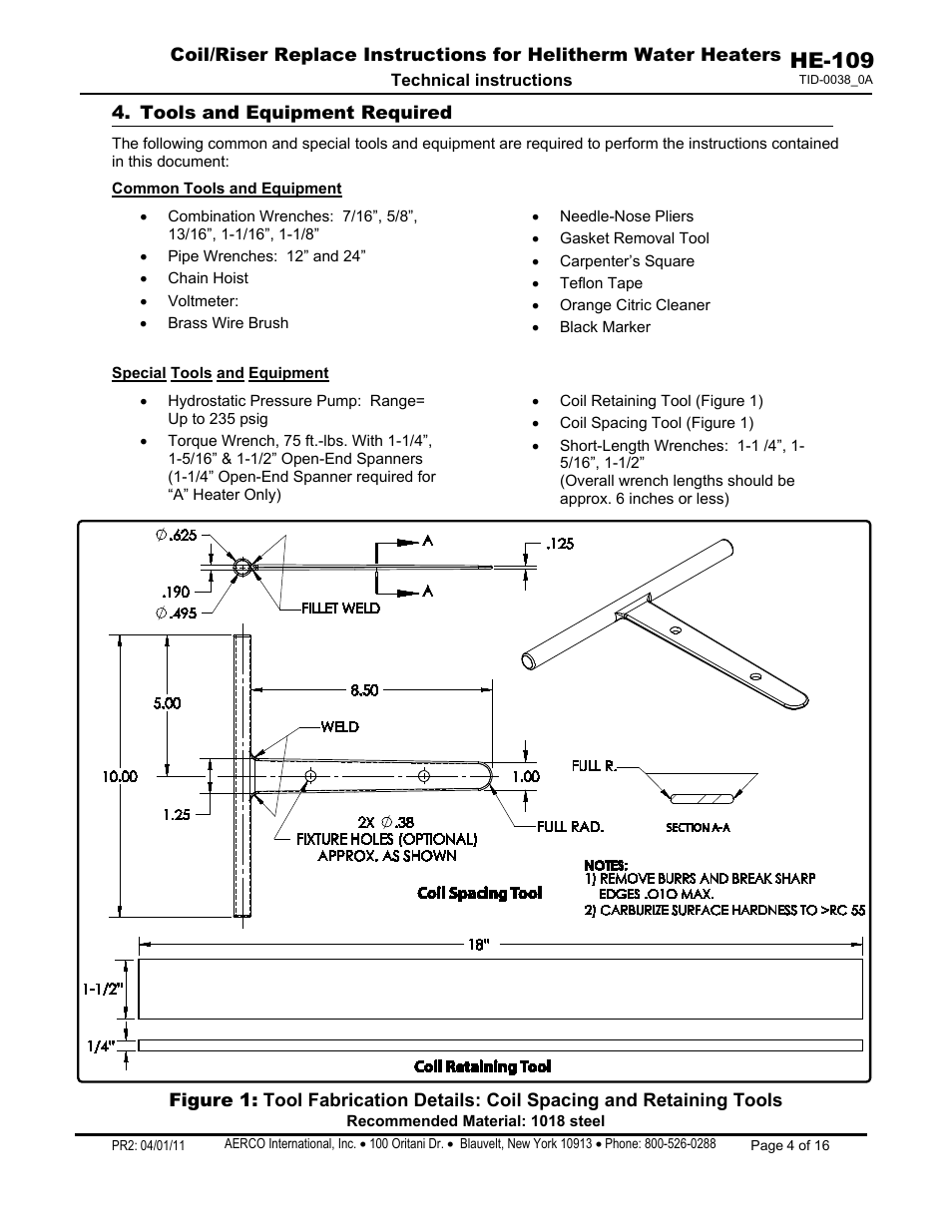 Tools and equipment required, He-109 | AERCO Coil & Riser Replacement User Manual | Page 4 / 16