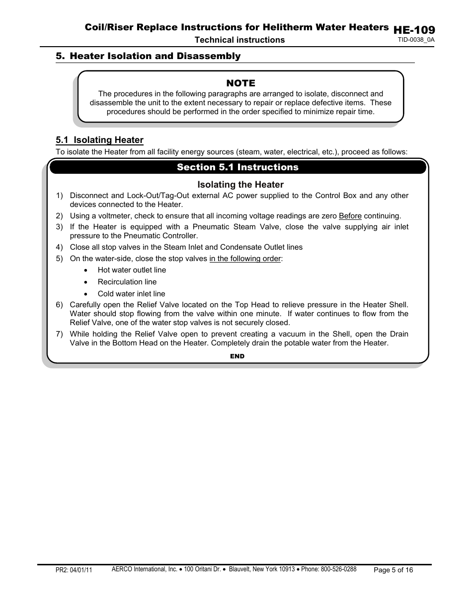 Heater isolation and disassembly, 1 isolating heater, He-109 | AERCO Coil & Riser Replacement User Manual | Page 5 / 16