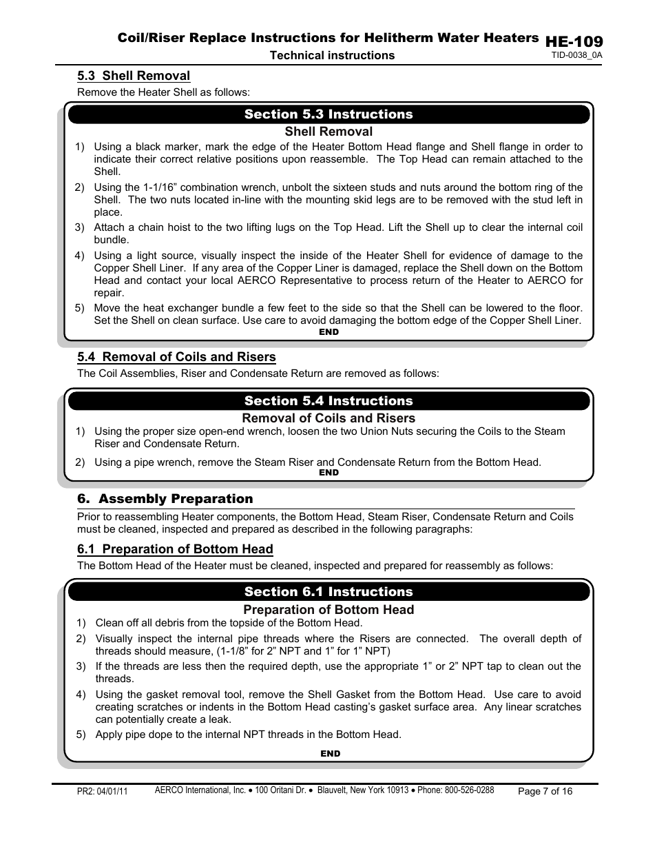 3 shell removal, 4 removal of coils and risers, Assembly preparation | 1 preparation of bottom head, He-109 | AERCO Coil & Riser Replacement User Manual | Page 7 / 16