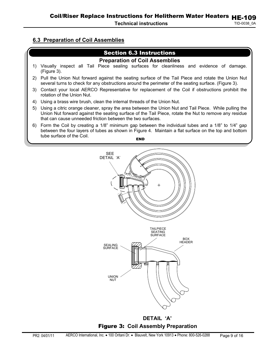 3 preparation of coil assemblies, He-109, Figure 3: coil assembly preparation | Preparation of coil assemblies | AERCO Coil & Riser Replacement User Manual | Page 9 / 16