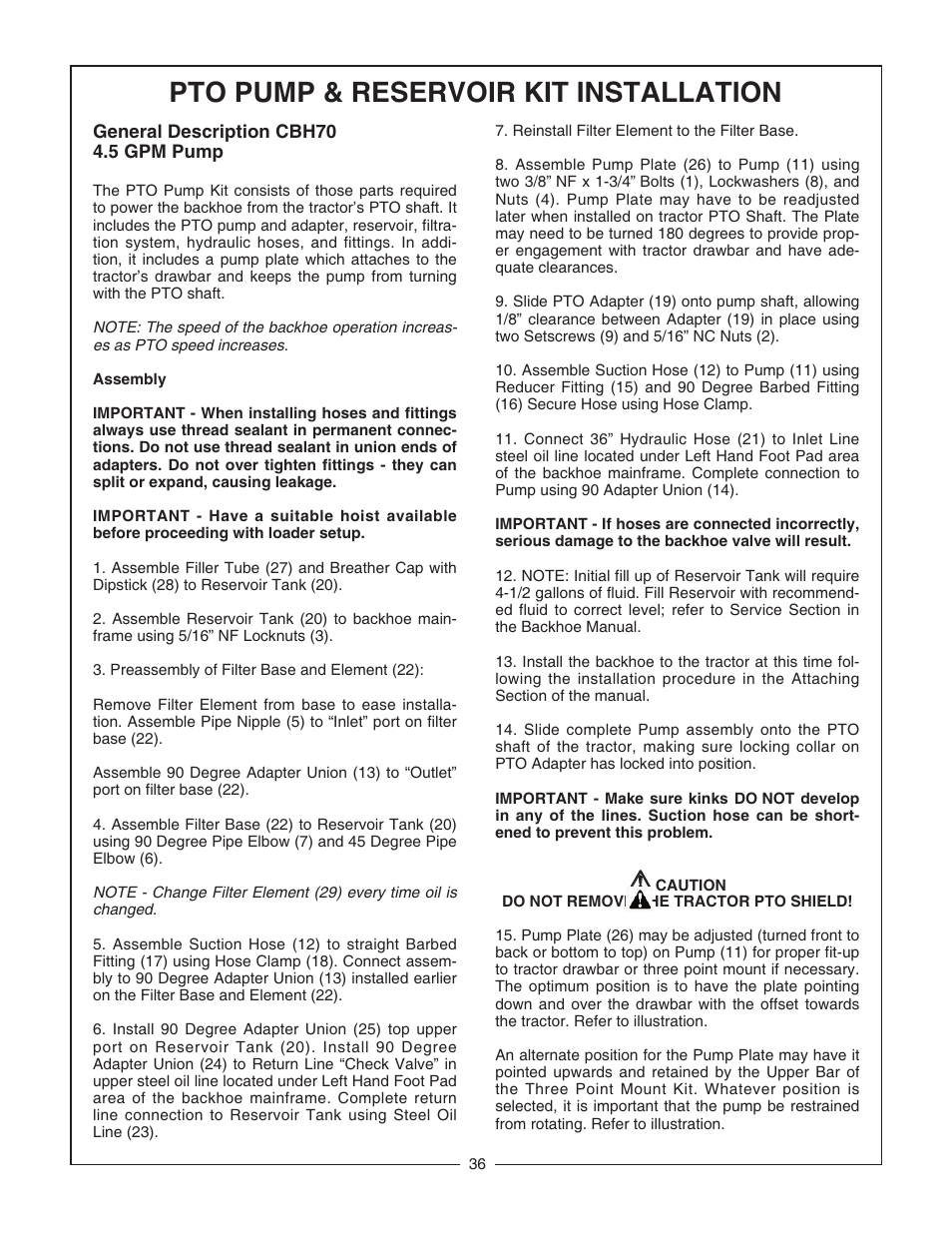 Pto pump & reservoir kit installation | Bush Hog CBH80 User Manual | Page 38 / 56