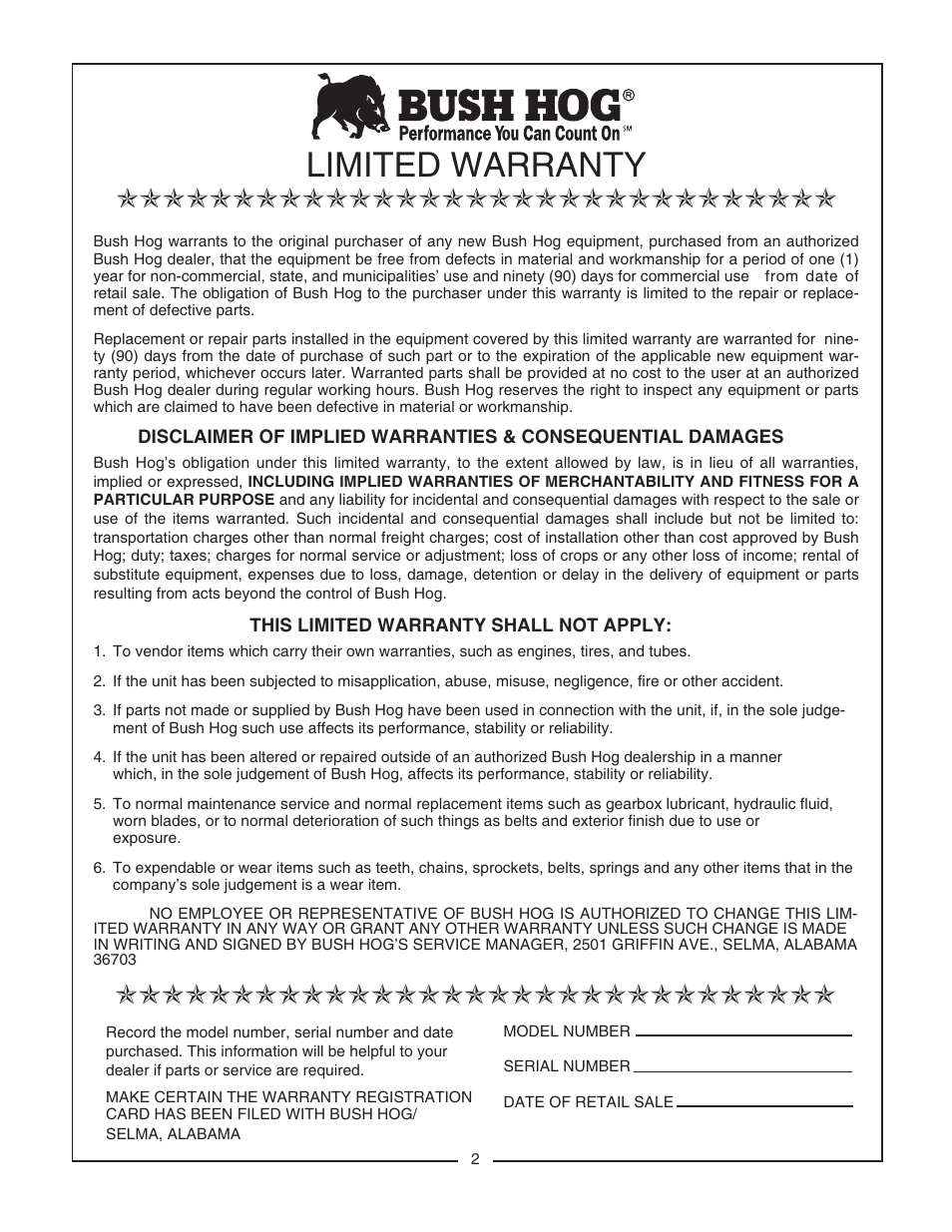Limited warranty | Bush Hog CBH80 User Manual | Page 4 / 56