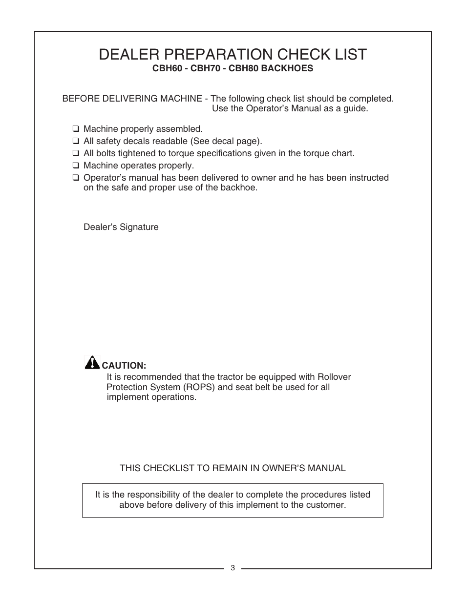 Dealer preparation check list | Bush Hog CBH80 User Manual | Page 5 / 56
