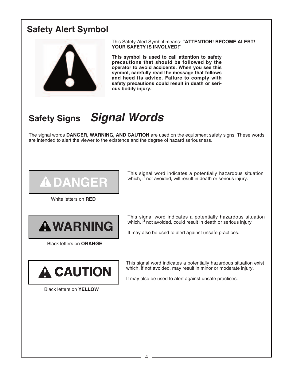 Signal words, Safety alert symbol, Safety signs | Bush Hog CBH80 User Manual | Page 6 / 56