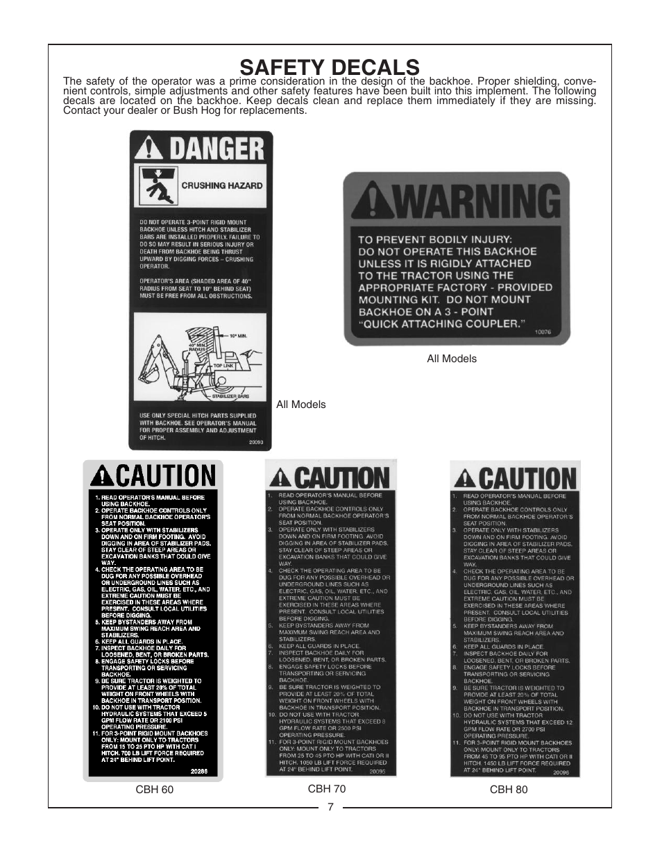 Safety decals | Bush Hog CBH80 User Manual | Page 9 / 56