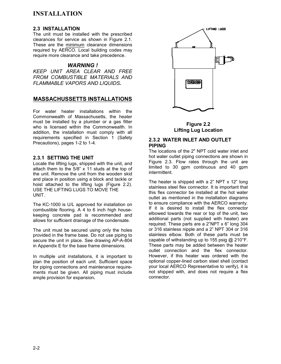 3 installation, 1 setting the unit, Figure 2.2 | Lifting lug location, 2 water inlet and outlet piping, Installation | AERCO KC1000 Heater Mar 2011 User Manual | Page 10 / 117