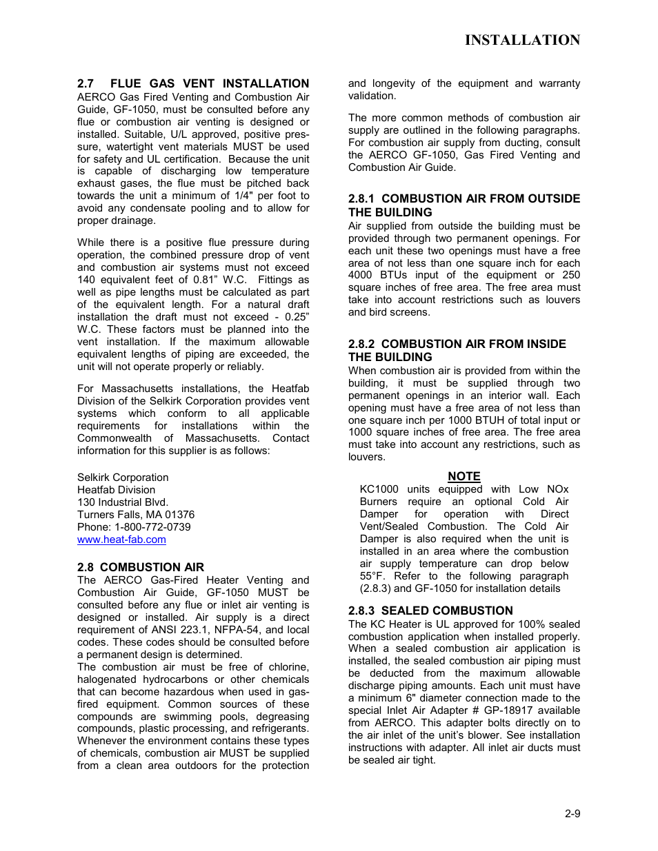 8 combustion air, 1 combustion air from outside the building, 2 combustion air from inside the building | Note, Installation | AERCO KC1000 Heater Mar 2011 User Manual | Page 17 / 117