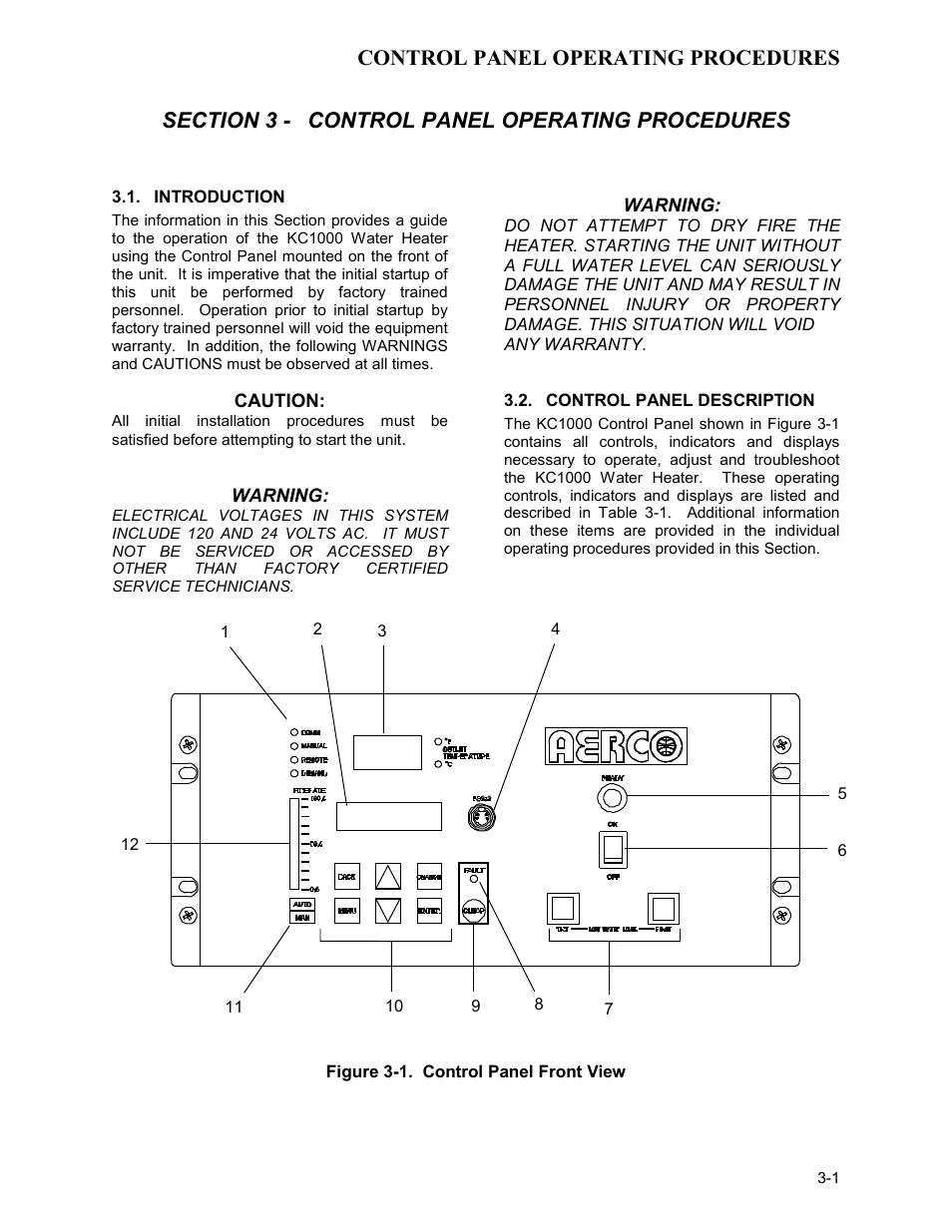 Section 3 - control panel operating procedures, Introduction, Control panel description | Control panel operating procedures | AERCO KC1000 Heater Mar 2011 User Manual | Page 19 / 117