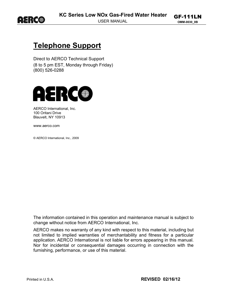 Telephone support, Direct to aerco technical support, Gf-111ln | Kc series low nox gas-fired water heater | AERCO KC1000 Heater Mar 2011 User Manual | Page 2 / 117