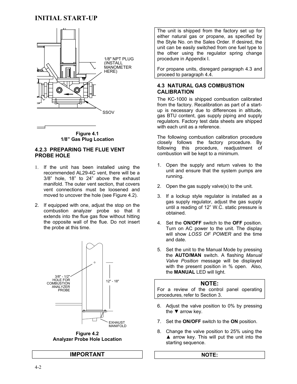 Figure 4.1, 1/8” gas plug location, 3 preparing the flue vent probe hole | Figure 4.2, Analyzer probe hole location, 3 natural gas combustion calibration, Initial start-up, Important | AERCO KC1000 Heater Mar 2011 User Manual | Page 30 / 117